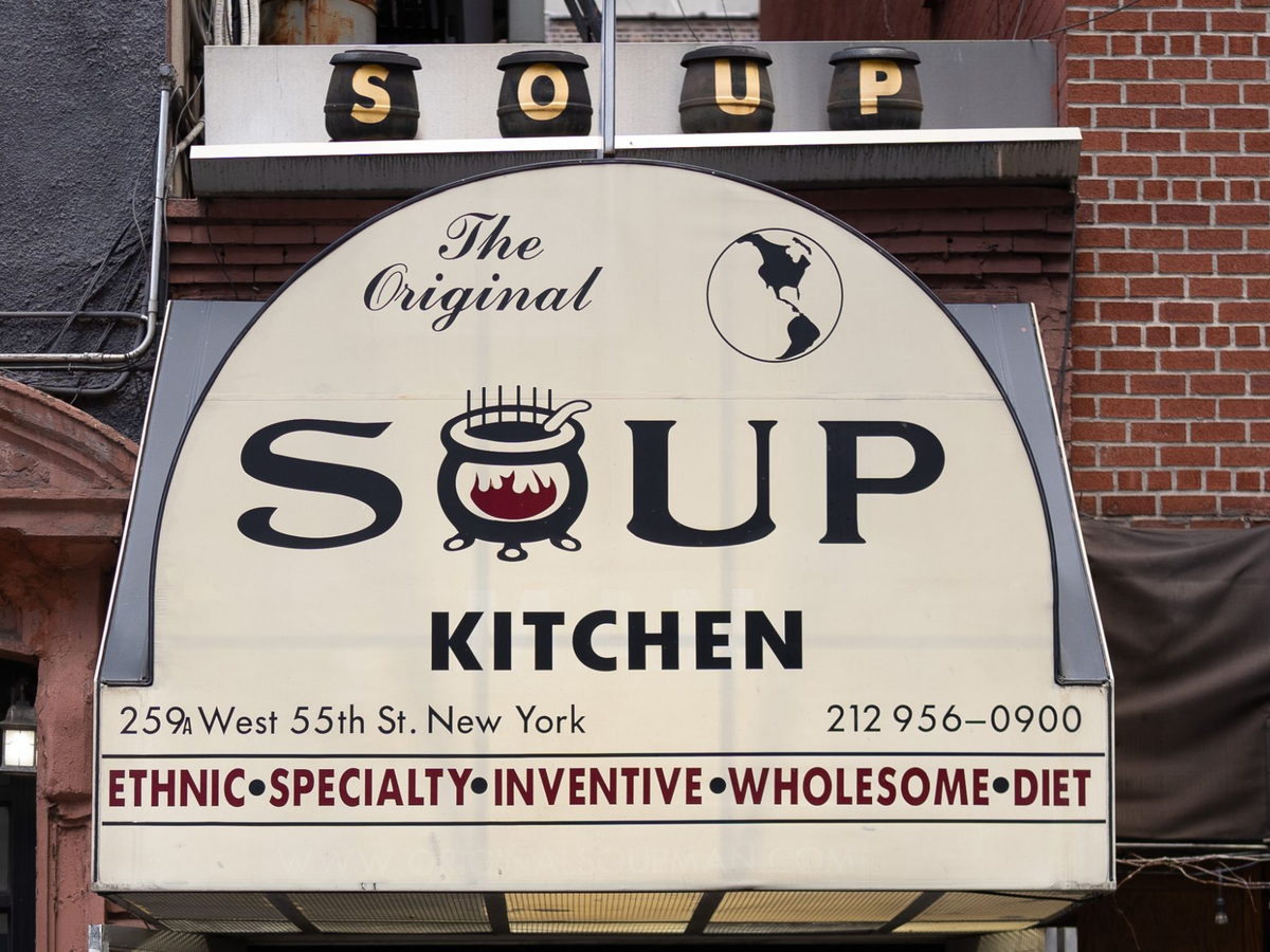 The Original Soup Kitchen sign above the window at 259A West 55th Street